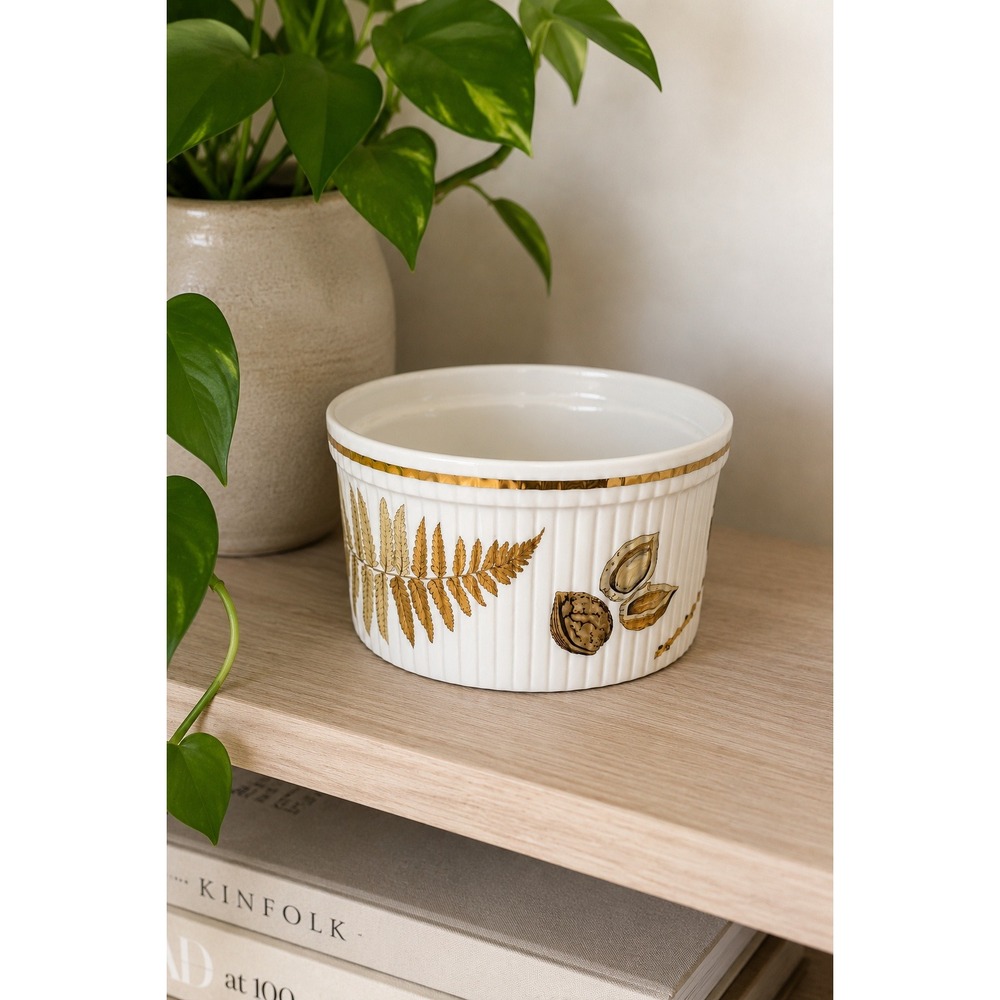 Vintage Royal Worcester Wild Harvest Soufflé Dish Gold Rim Ribbed England Fall